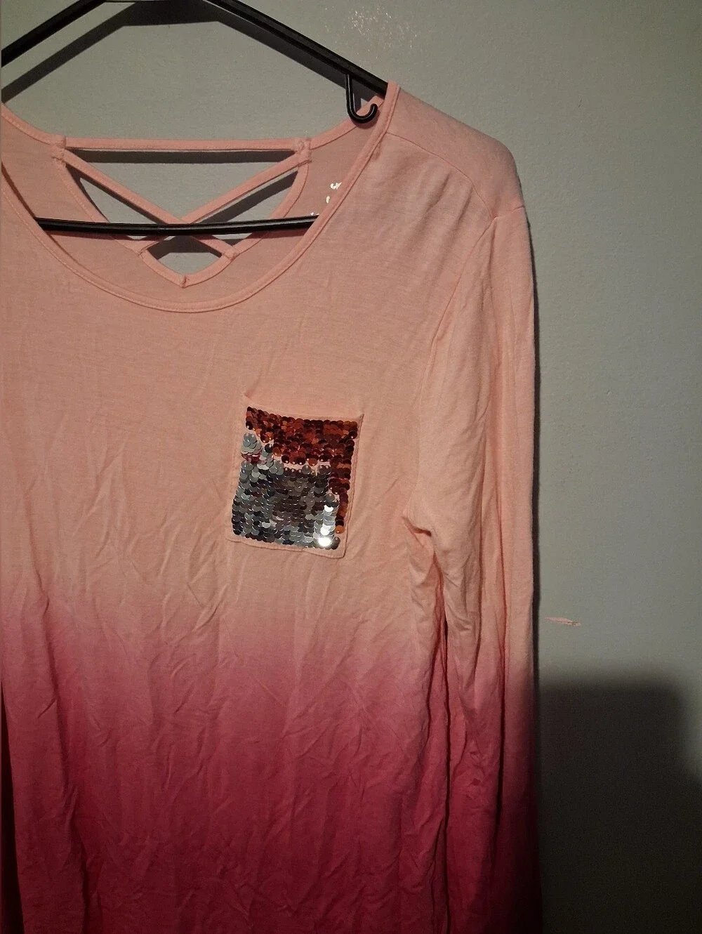 Justice Girls Pink Ombre Top Shirt Sequin Lace-Up Back Size 16 Long Sleeve